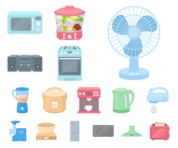 家用電器的類型黑色圖標集合中的設計。廚房設備矢量符號庫存 web 插圖